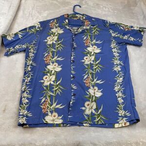 Winnie Fashion Hawaiian Shirt Mens XL Blue White Orchid Bamboo Floral Rayon